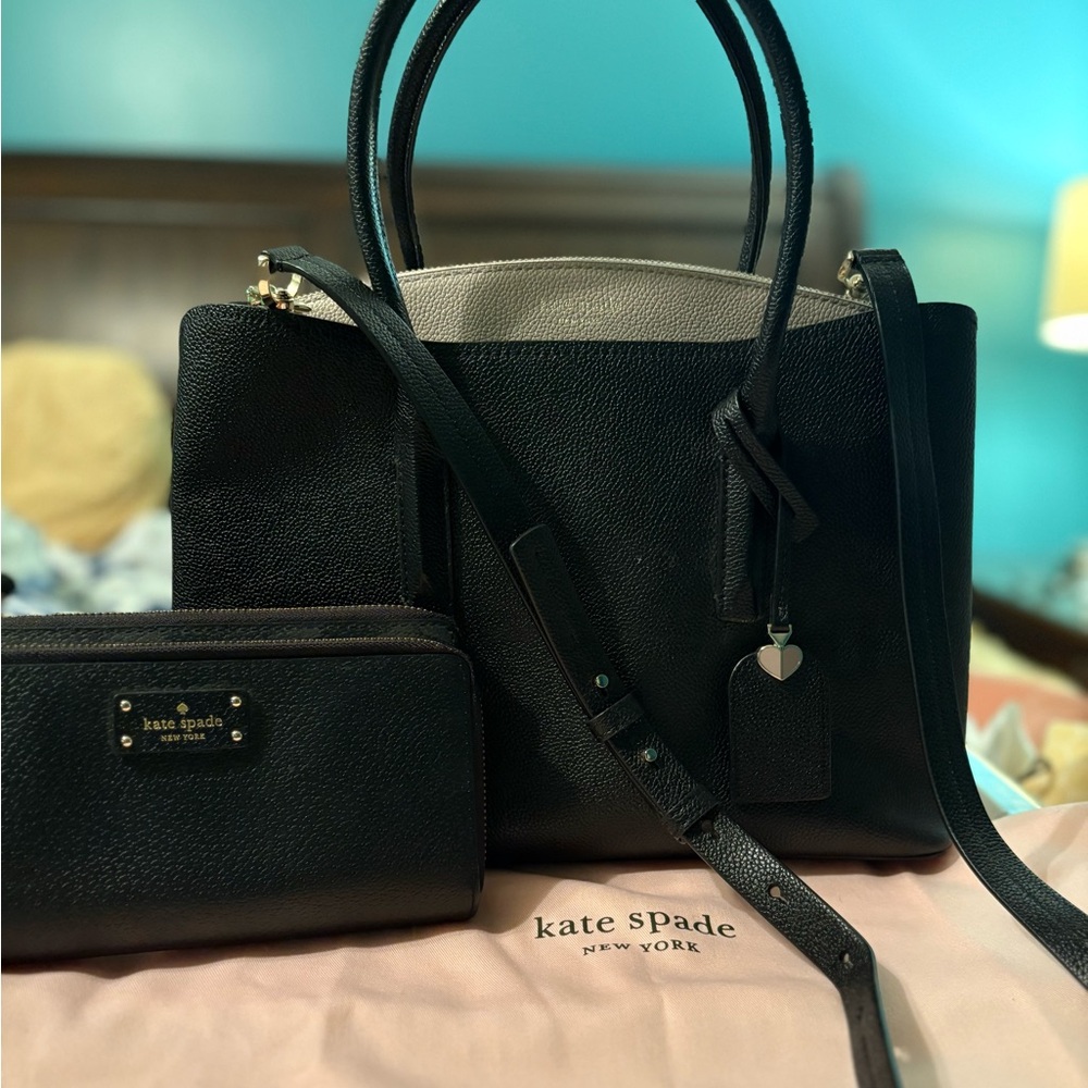Kate Spade Black Taupe Margaux Pebbled Leather Satchel bag w/wallet and duster